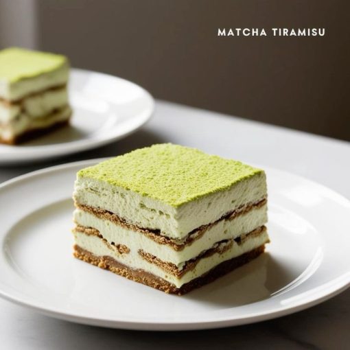 Tiramisu matcha với lớp kem mascarpone béo mịn và bột trà xanh phủ trên mặt, trang trí viên matcha tròn bắt mắt.